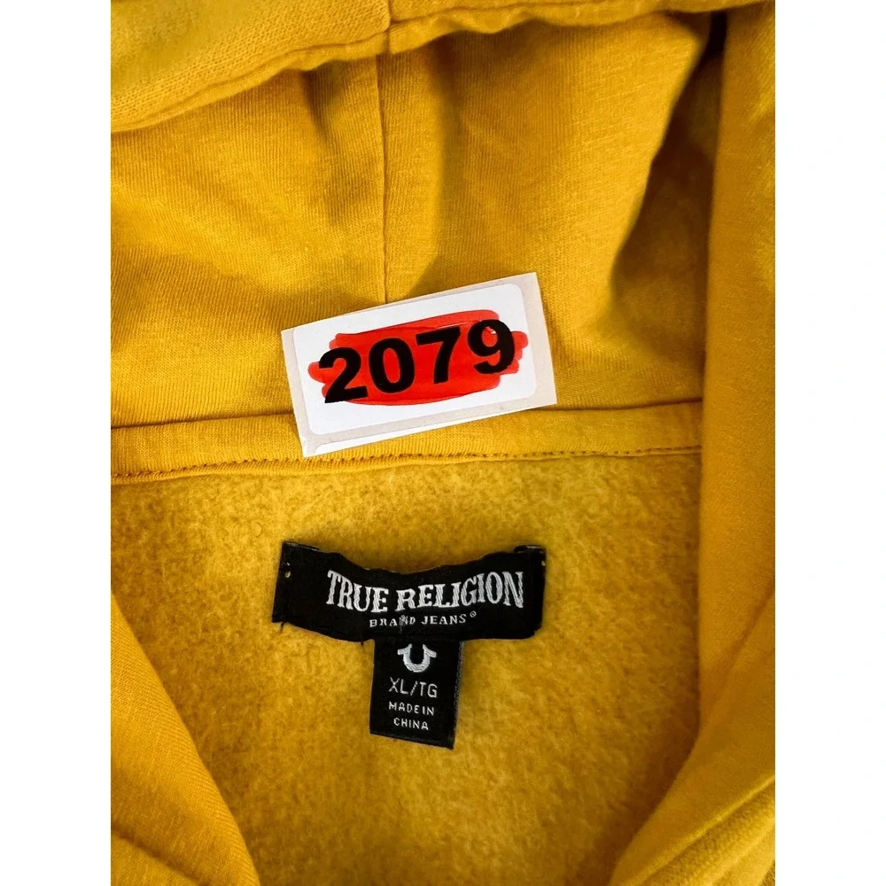 True Religion Mens Yellow Full Zip Hoodie Buddha Graphic Horseshoe Logo XL